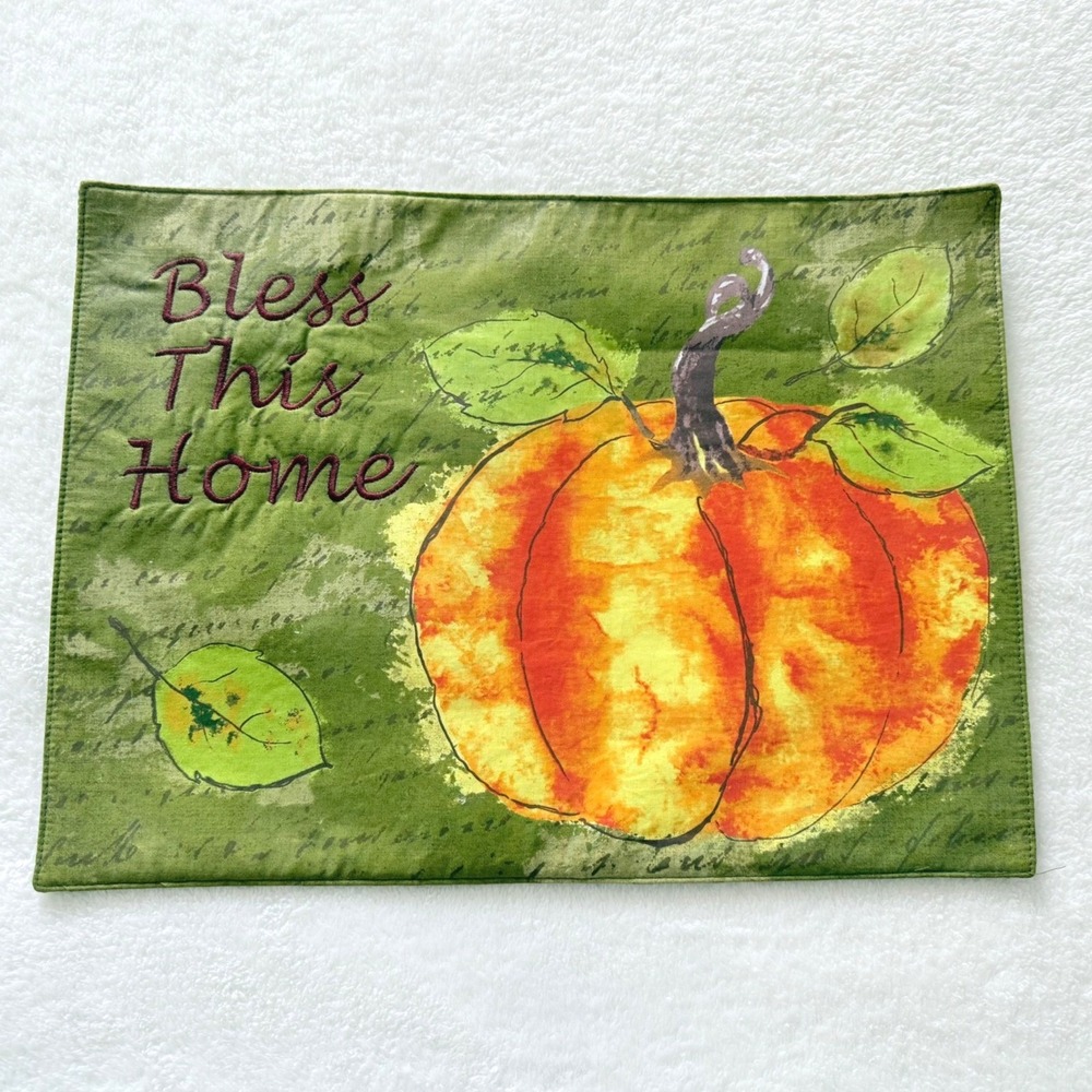 Placemats Set of 3 OS Green Pumpkin Bless This Home Farmhouse Fall Harvest